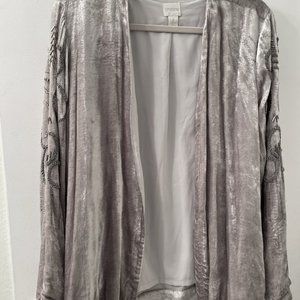 Chico's fully-lined velvety jacket, open front, heavily embroidered, size medium